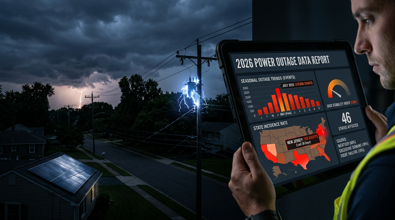 Utility worker reviewing 2026 power outage data report on a tablet during a thunderstorm with lightning and transmission towers in the background