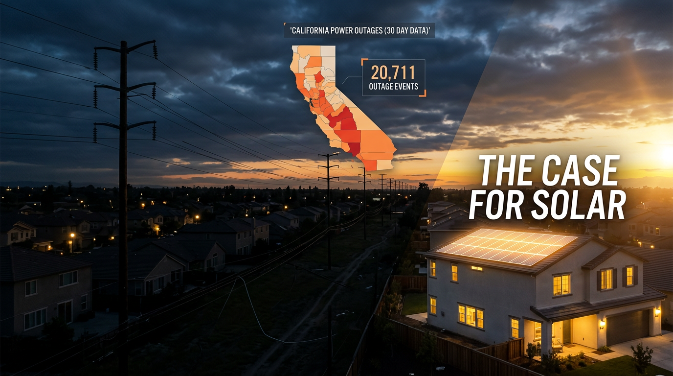 California county-level power outage heat map with solar panel arrays and grid infrastructure data overlay