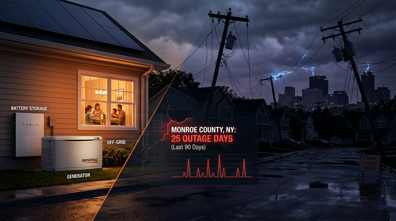 Home battery storage and whole-home generator installation next to damaged power lines in Monroe County, New York, showing 25 outage days in 90 days