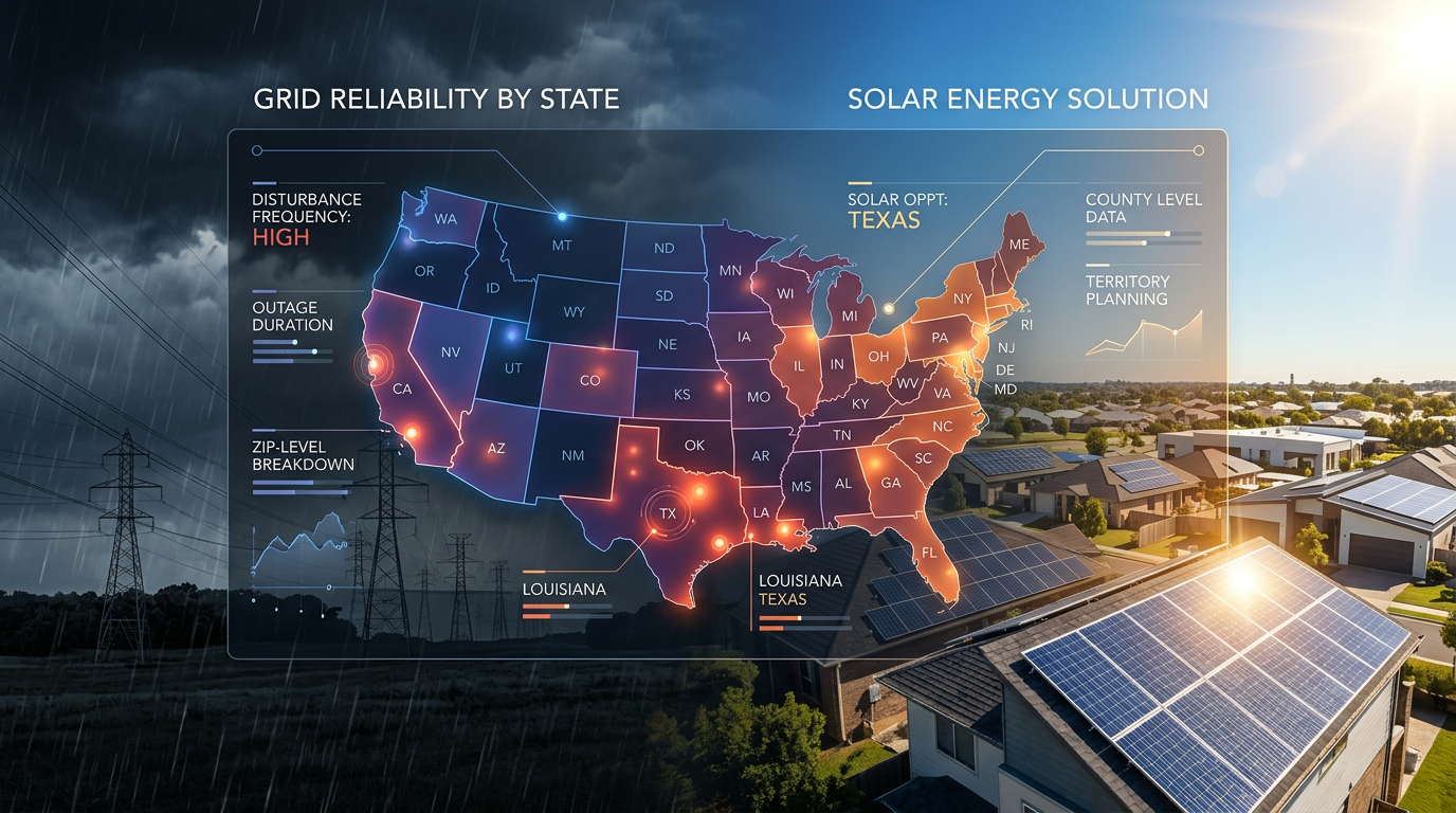 U.S. grid reliability heat map showing power outage frequency by state alongside solar panel installations and territory planning data