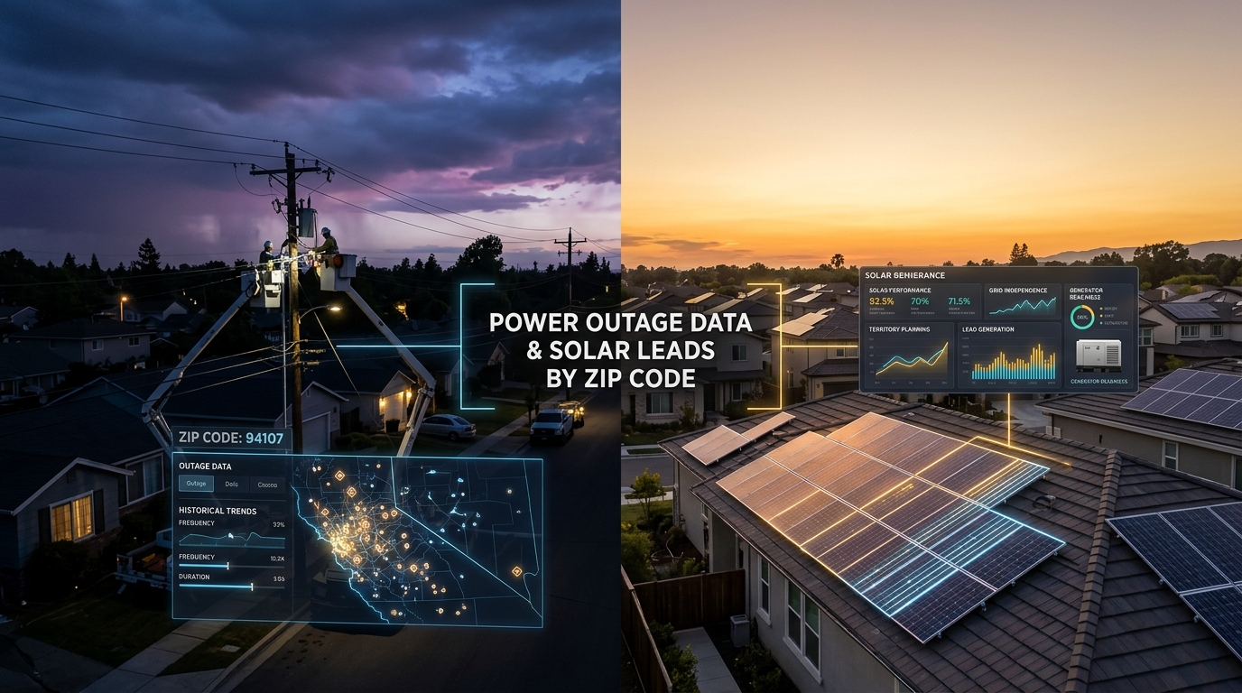 Solar installer searching for power outages by ZIP code on a tablet next to neighborhood power lines, with overlay showing limitations of public utility outage maps