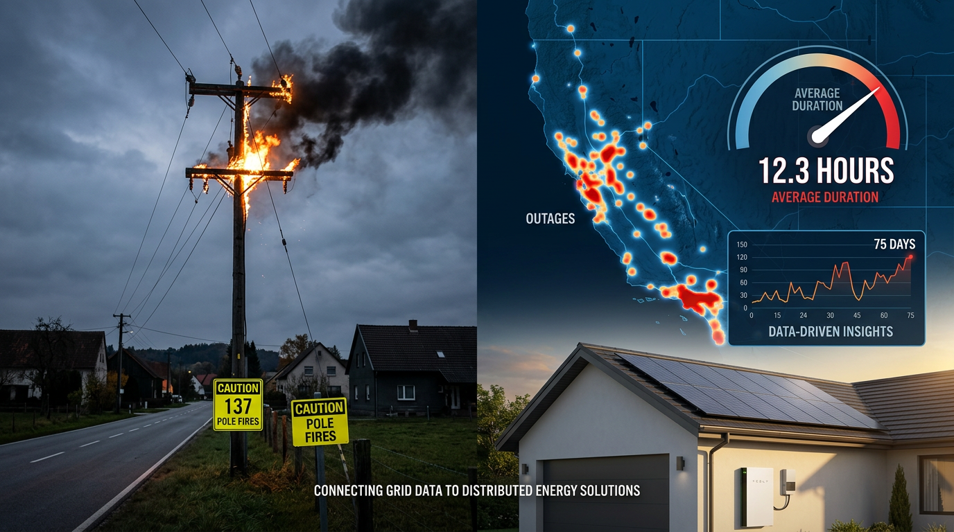 Burning utility pole at dusk with a U.S. map showing pole fire outage clusters in Utah, California's Central Valley, and Wyoming