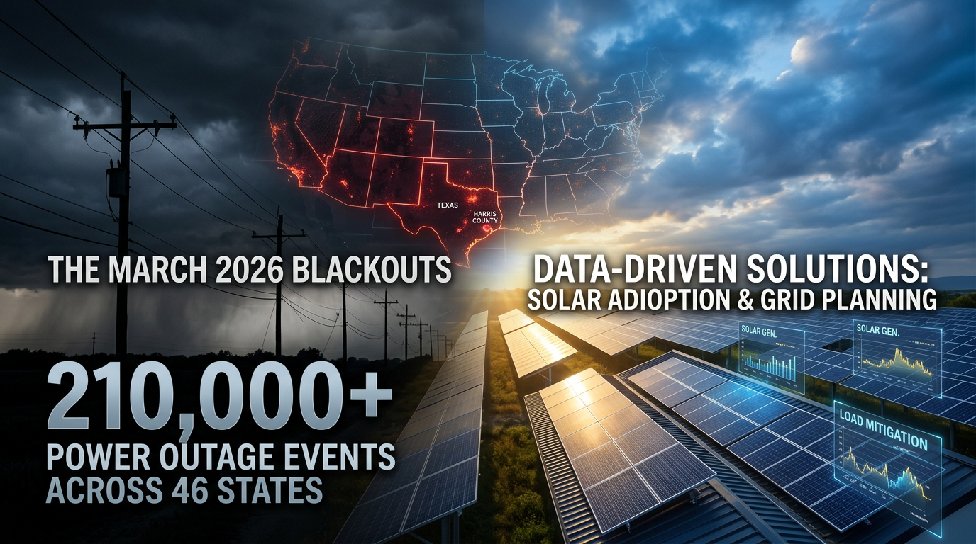 March 2026 power outage data visualization showing 210,000 outage events across 46 U.S. states with county-level heat map and solar panel arrays