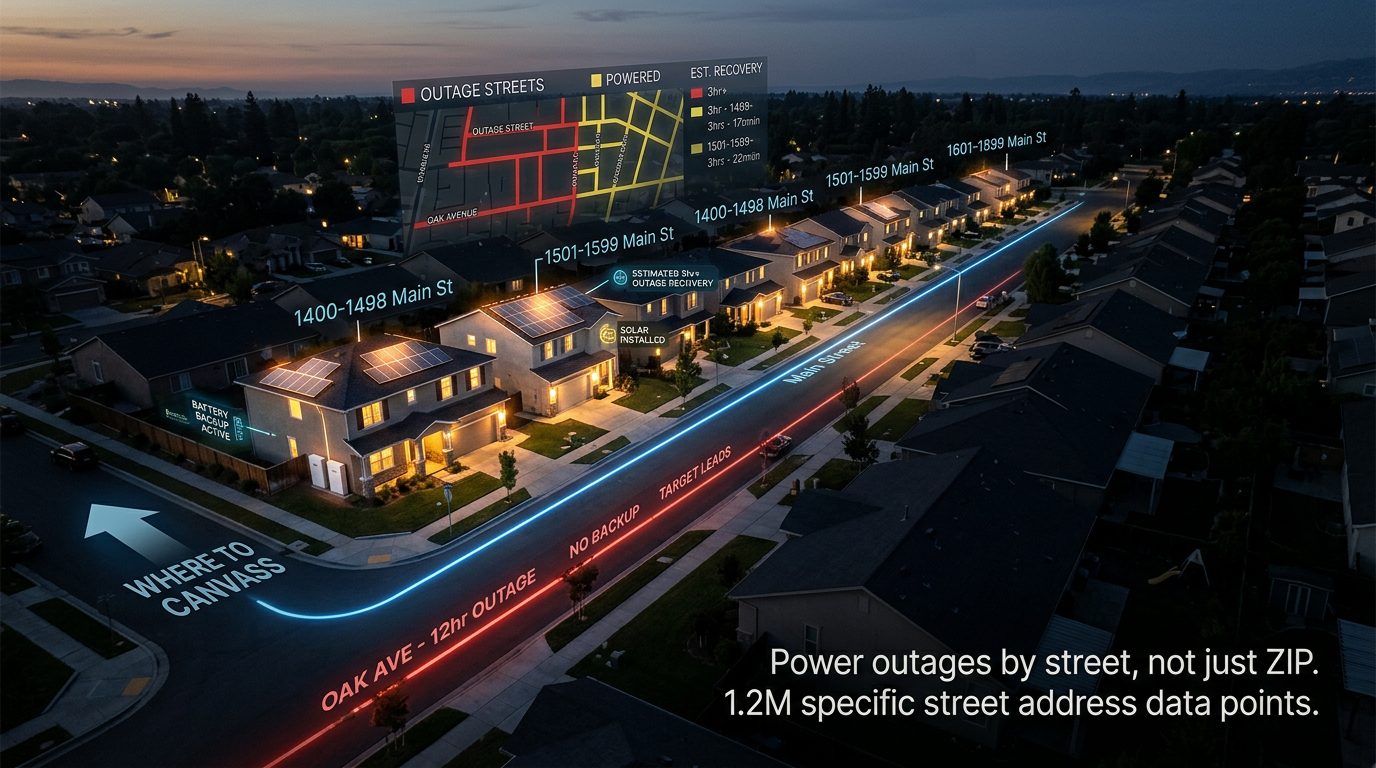 Night residential street with power-outage overlay showing affected blocks and house-number ranges for installer canvassing