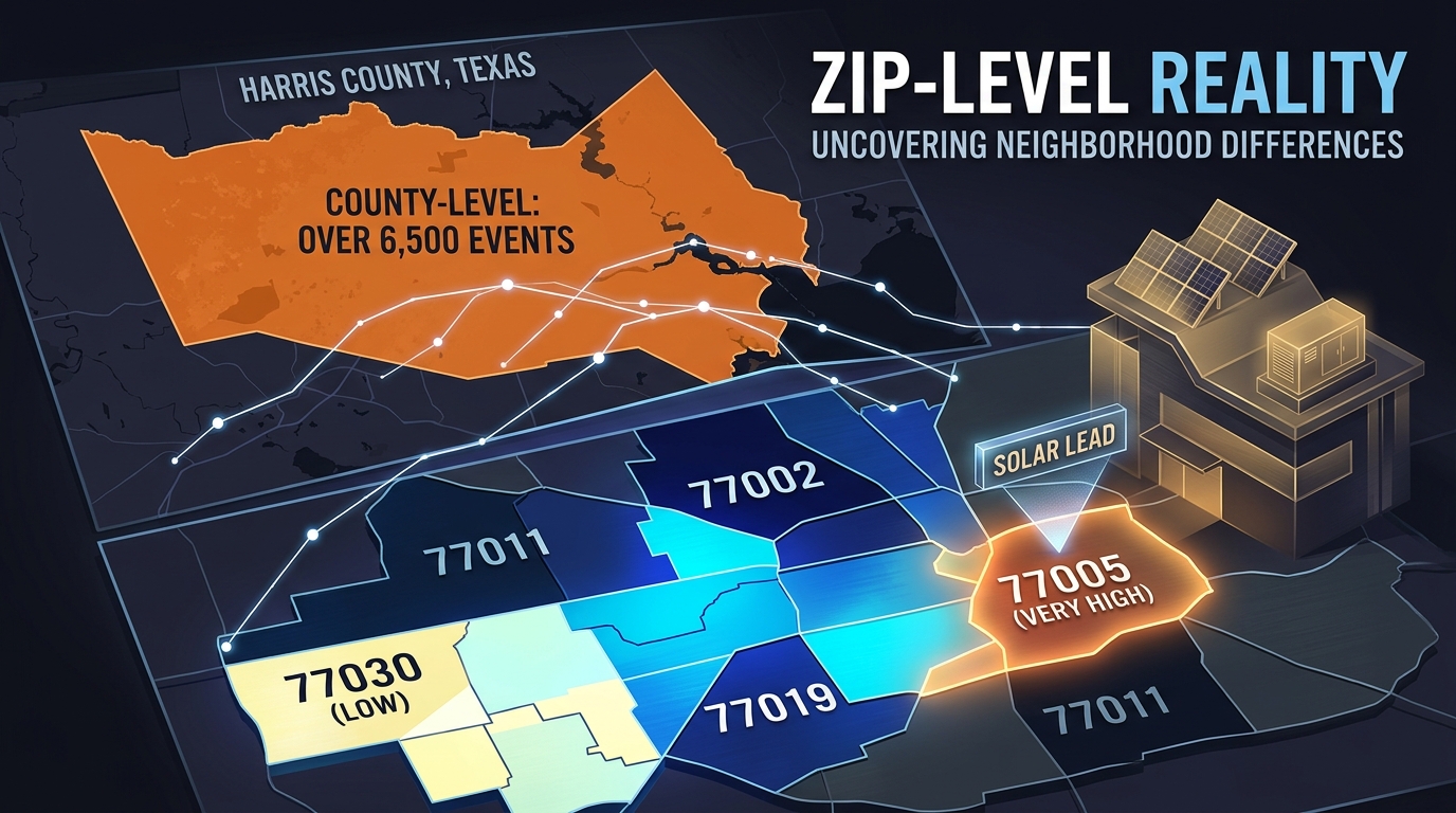 Side-by-side neighborhood maps in Tarrant County, Texas, showing county-level outage totals on the left and ZIP-level outage variation on the right with solar and generator installer trucks parked nearby