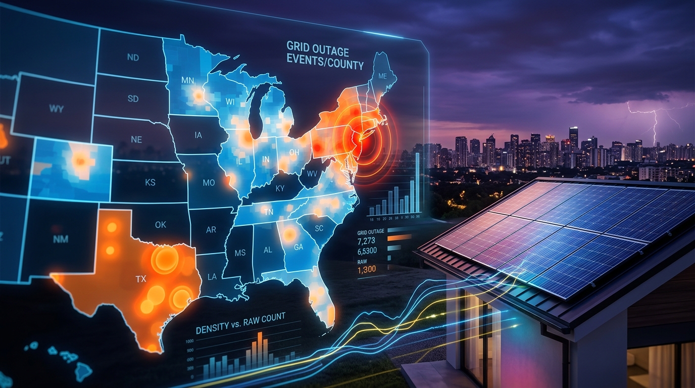 U.S. county-level grid outage events map for solar sales territory planning with outage density data and rooftop solar panels