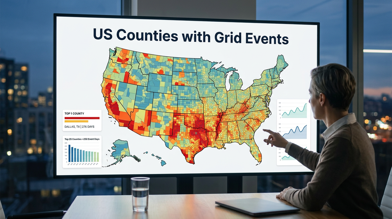 U.S. county heat map showing the 25 counties with the most utility-reported grid-event days in a 12-month window