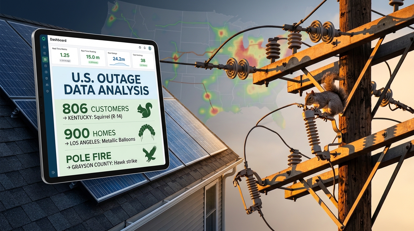Unusual power outage causes data analysis on a tablet showing squirrel, mylar balloon, and pole fire outage statistics next to damaged utility equipment