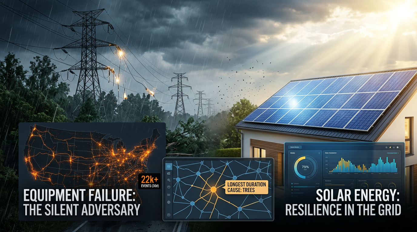 U.S. power outage causes chart with utility line crew, showing equipment failure, vegetation, and weather event totals