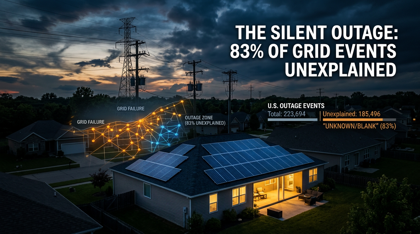 Suburban neighborhood at dusk with power lines and overlay showing 83 percent of U.S. grid outage events have no publicly reported cause