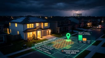 Home battery storage unit on the wall of a suburban house in a dense high-rate market with frequent short power outages, for battery installer lead generation