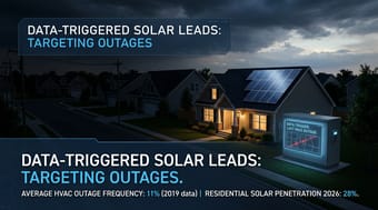Solar installer comparing lead generation channels on a laptop with a U.S. outage data map and suburban rooftops behind