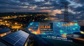 May 2026 U.S. power outage map showing the Solano County mega-event, Corpus Christi ZIP cluster, and unusual outage causes