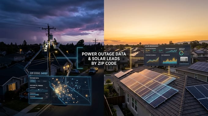 Solar installer searching for power outages by ZIP code on a tablet next to neighborhood power lines, with overlay showing limitations of public utility outage maps