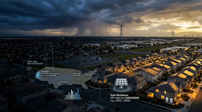 U.S. April 2026 power outage map highlighting Santa Clara, Los Angeles, Harris County and Baltimore County hot zones with ZIP-level overlay for solar, generator, and battery installer territory planning