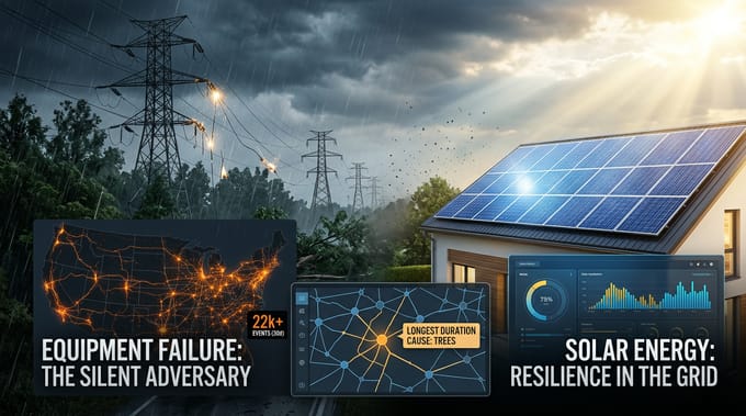 U.S. power outage causes chart with utility line crew, showing equipment failure, vegetation, and weather event totals
